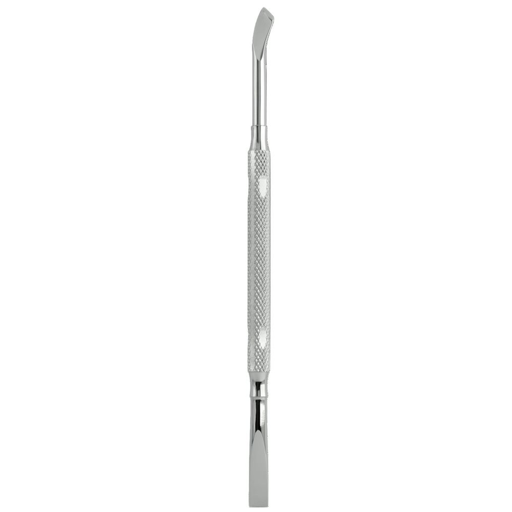 A stainless steel cuticle pusher with a curved blade and straight pusher, featuring notches on the handle for grip and a glossy polished working part.