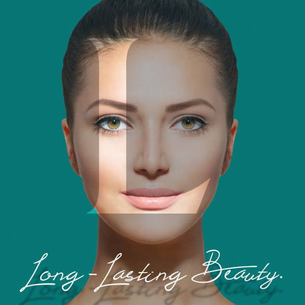 Woman's face with a split overlay on a teal background, featuring the text 'Long Lasting Beauty'.