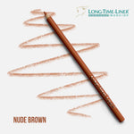Nude brown makeup pencil with scribbles on a white background, featuring 'Long-Time-Liner' brand.