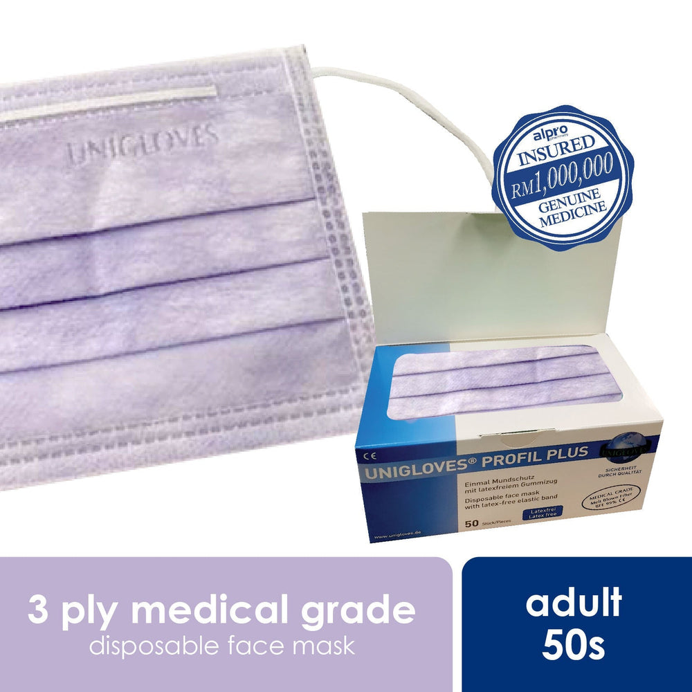 Unigloves medicīniskās maskas 3-kārtu LAVANDA, 50 gab