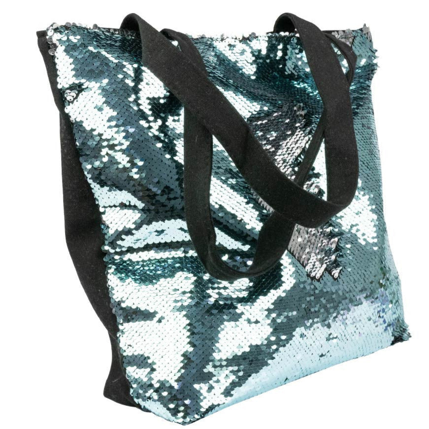 Shiny bag with zipper 38 x 33 x 15 cm, BLUE-SILVER