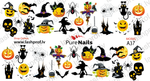 A set of Halloween-themed nail design stickers, including various characters and motifs such as ghosts, pumpkins, and witches.
